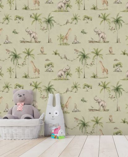 mural de papel de parede verde para crianças chamado Green Joyful Jungle de Kikki Belle para quartos infantis mural de papel de parede verde para crianças chamado Green Joyful Jungle de Kikki Belle para quartos infantis