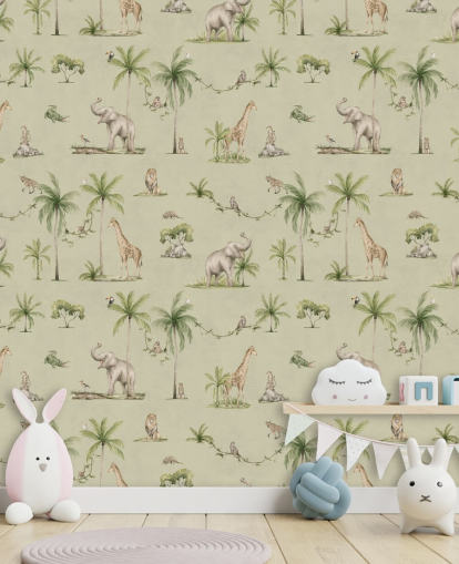 green children's jungle wallpaper mural called Green Joyful Jungle by Kikki Belle for kid's bedrooms green children's jungle wallpaper mural called Green Joyful Jungle by Kikki Belle for kid's bedrooms