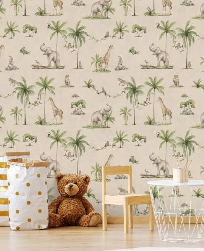 beige kids jungle wallpaper mural called Joyful Jungle by Kikki Belle for childrens bedrooms beige kids jungle wallpaper mural called Joyful Jungle by Kikki Belle for childrens bedrooms