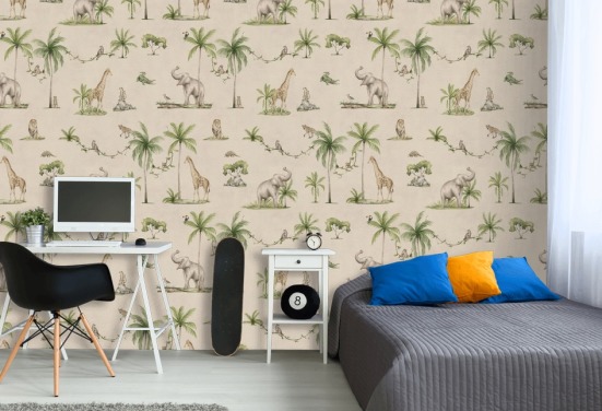 beige kids jungle wallpaper mural called Joyful Jungle by Kikki Belle for childrens bedrooms