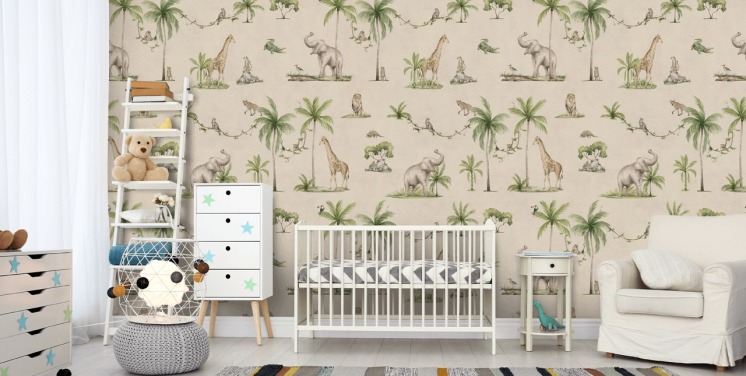 beige børnejungle tapetmaleri kaldet Joyful Jungle af Kikki Belle til børns soveværelser
