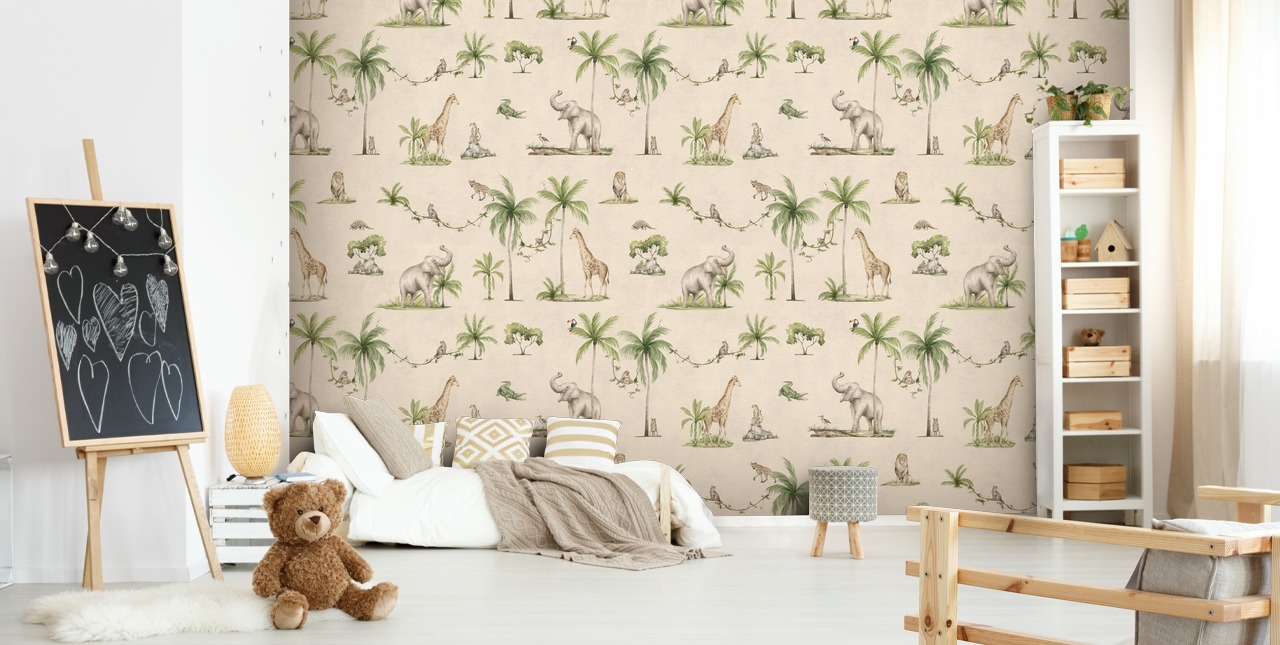 beige børnejungle tapetmaleri kaldet Joyful Jungle af Kikki Belle til børns soveværelser