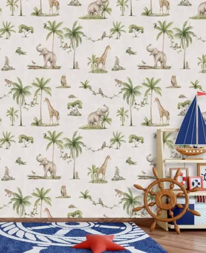 white children's jungle wallpaper mural called White Joyful Jungle by Kikki Belle for kids bedrooms white children's jungle wallpaper mural called White Joyful Jungle by Kikki Belle for kids bedrooms