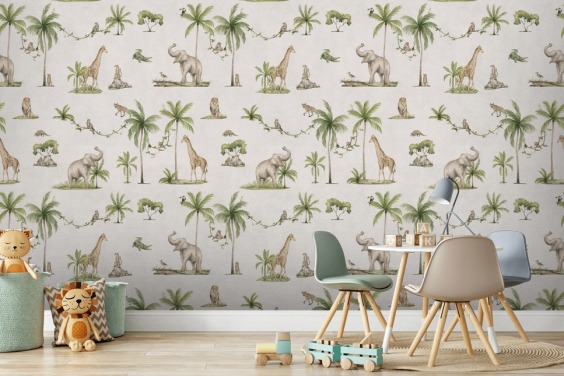 hvid børnejungle tapetmaleri kaldet White Joyful Jungle af Kikki Belle til børns soveværelser