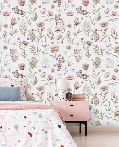 papel de parede infantil branco e marrom chamado Merry Mice de Kikki Belle para quartos infantis e berçário papel de parede infantil branco e marrom chamado Merry Mice de Kikki Belle para quartos infantis e berçário
