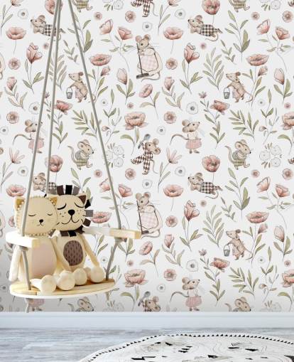 white and brown children's wallpaper called Merry Mice by Kikki Belle for children's bedrooms and a nursery white and brown children's wallpaper called Merry Mice by Kikki Belle for children's bedrooms and a nursery