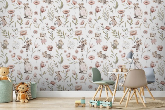 vit och brun barntapet kallad Merry Mice av Kikki Belle för barnens sovrum och en plantskola