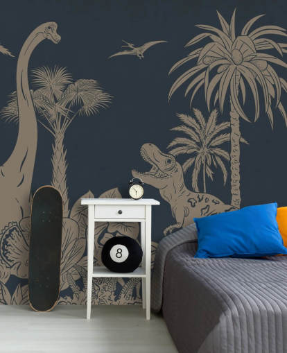 dark blue dino wallpaper mural called Monochrome Dino - Vintage Blue by Kikki Belle dark blue dino wallpaper mural called Monochrome Dino - Vintage Blue by Kikki Belle