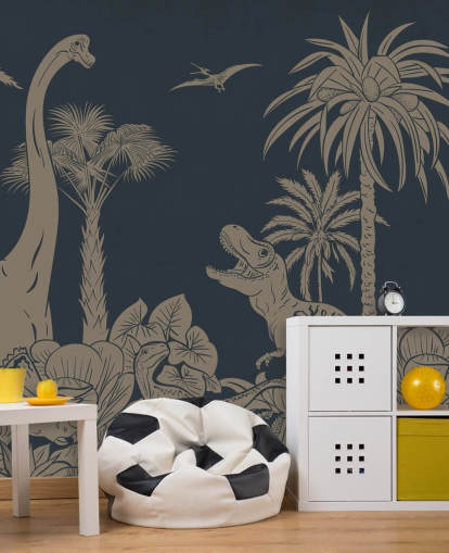 mural de papel de parede de dinossauro azul escuro chamado Monochrome Dino - Vintage Blue de Kikki Belle mural de papel de parede de dinossauro azul escuro chamado Monochrome Dino - Vintage Blue de Kikki Belle