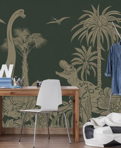papier peint mural vert en forme de dinosaure pour enfants appelé Monochrome Dino - Vintage Green de Kikki Belle pour les chambres papier peint mural vert en forme de dinosaure pour enfants appelé Monochrome Dino - Vintage Green de Kikki Belle pour les chambres