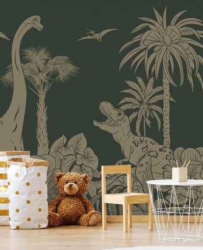 green kids dinosaur wallpaper mural called Monochrome Dino - Vintage Green by Kikki Belle for bedrooms green kids dinosaur wallpaper mural called Monochrome Dino - Vintage Green by Kikki Belle for bedrooms