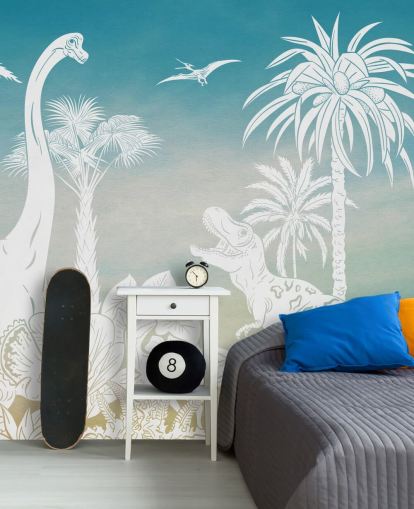 blue kids dinosaur wallpaper mural called Monochrome Dino - Blue Sky by Kikki Belle for bedrooms blue kids dinosaur wallpaper mural called Monochrome Dino - Blue Sky by Kikki Belle for bedrooms