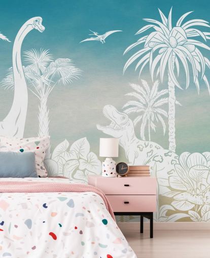 Blaues Dinosaurier-Tapetenbild für Kinder namens Monochrome Dino - Blue Sky von Kikki Belle für Schlafzimmer Blaues Dinosaurier-Tapetenbild für Kinder namens Monochrome Dino - Blue Sky von Kikki Belle für Schlafzimmer