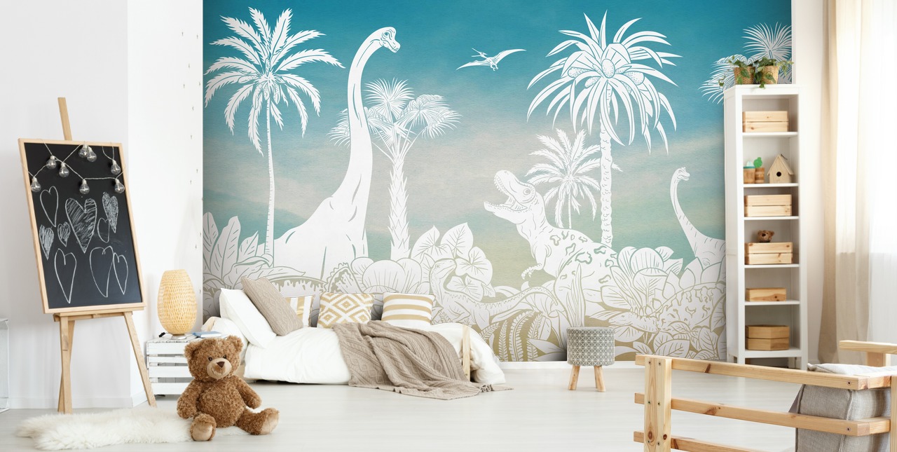 blå børns dinosaur tapetmaleri kaldet Monochrome Dino - Blue Sky af Kikki Belle til soveværelser blå børns dinosaur tapetmaleri kaldet Monochrome Dino - Blue Sky af Kikki Belle til soveværelser