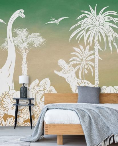 mural de papel pintado de dinosaurios verdes para niños llamado Monochrome Dino - Green Sky de Kikki Belle para dormitorios y salas de juegos mural de papel pintado de dinosaurios verdes para niños llamado Monochrome Dino - Green Sky de Kikki Belle para dormitorios y salas de juegos
