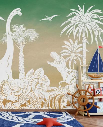 mural de papel de parede de dinossauro infantil verde chamado Monochrome Dino - Green Sky de Kikki Belle para quartos e salas de jogos mural de papel de parede de dinossauro infantil verde chamado Monochrome Dino - Green Sky de Kikki Belle para quartos e salas de jogos