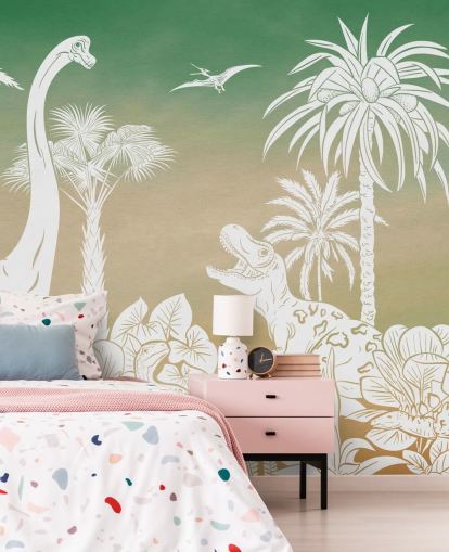 mural de papel de parede de dinossauro infantil verde chamado Monochrome Dino - Green Sky de Kikki Belle para quartos e salas de jogos mural de papel de parede de dinossauro infantil verde chamado Monochrome Dino - Green Sky de Kikki Belle para quartos e salas de jogos