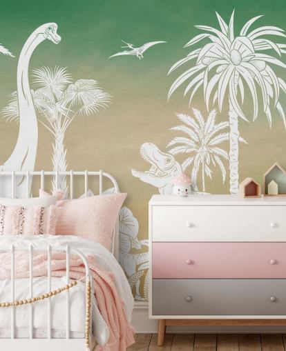 green kids dino wallpaper mural called Monochrome Dino - Green Sky by Kikki Belle for bedrooms and playrooms green kids dino wallpaper mural called Monochrome Dino - Green Sky by Kikki Belle for bedrooms and playrooms