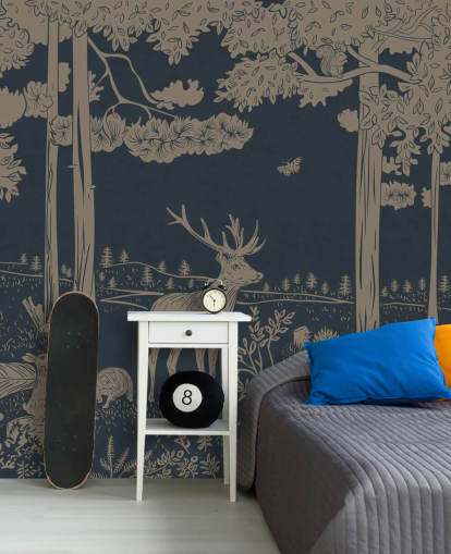 mörkblå barnskog väggmålning som heter Monochrome Forest - Vintage Blue av Kikki Belle för sovrum och plantskolor mörkblå barnskog väggmålning som heter Monochrome Forest - Vintage Blue av Kikki Belle för sovrum och plantskolor