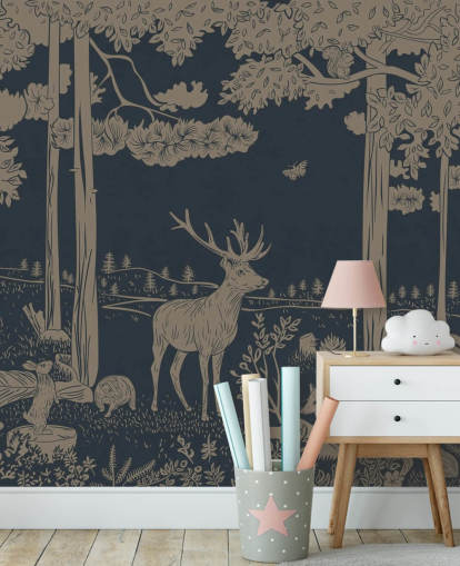 dark blue kids forest wall mural called Monochrome Forest - Vintage Blue by Kikki Belle for bedrooms and nurseries dark blue kids forest wall mural called Monochrome Forest - Vintage Blue by Kikki Belle for bedrooms and nurseries