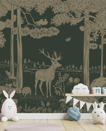 dark green forest wallpaper mural called Monochrome Forest - Vintage Green by Kikki Belle for children's bedrooms and nurseries dark green forest wallpaper mural called Monochrome Forest - Vintage Green by Kikki Belle for children's bedrooms and nurseries