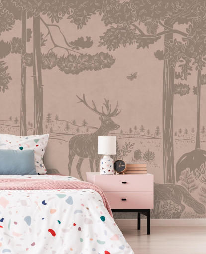 pink kids forest wall mural called Monochrome Forest - Vintage Pink by Kikki Belle for bedrooms and nurseries pink kids forest wall mural called Monochrome Forest - Vintage Pink by Kikki Belle for bedrooms and nurseries