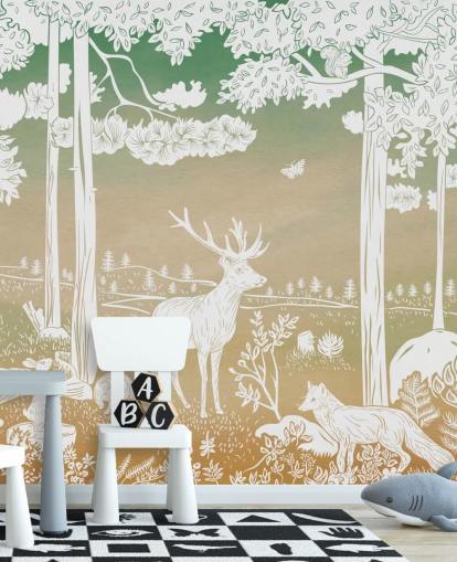 carta da parati murale verde per bambini chiamata Monochrome Forest - Green Sky di Kikki Belle carta da parati murale verde per bambini chiamata Monochrome Forest - Green Sky di Kikki Belle