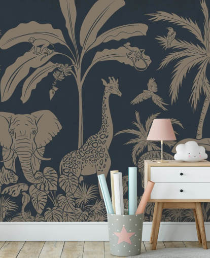 dark blue jungle wallpaper mural called Monochrome Jungle - Vintage Blue by Kikki Belle for children's bedrooms and nurseries dark blue jungle wallpaper mural called Monochrome Jungle - Vintage Blue by Kikki Belle for children's bedrooms and nurseries