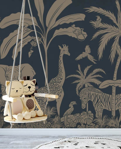 dark blue jungle wallpaper mural called Monochrome Jungle - Vintage Blue by Kikki Belle for children's bedrooms and nurseries dark blue jungle wallpaper mural called Monochrome Jungle - Vintage Blue by Kikki Belle for children's bedrooms and nurseries