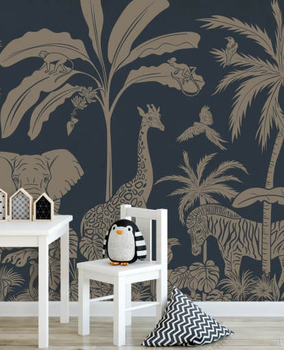 dark blue jungle wallpaper mural called Monochrome Jungle - Vintage Blue by Kikki Belle for children's bedrooms and nurseries dark blue jungle wallpaper mural called Monochrome Jungle - Vintage Blue by Kikki Belle for children's bedrooms and nurseries