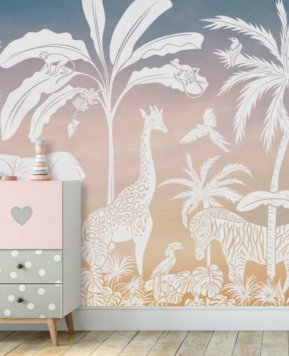 pink kids jungle wallpaper mural called Monochrome Jungle - Pink by Kikki Belle for children's bedrooms pink kids jungle wallpaper mural called Monochrome Jungle - Pink by Kikki Belle for children's bedrooms