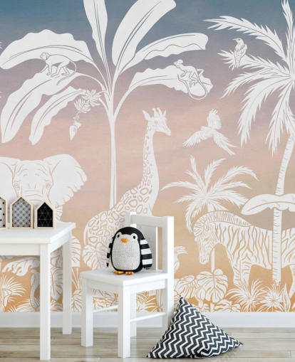 pink kids jungle wallpaper mural called Monochrome Jungle - Pink by Kikki Belle for children's bedrooms pink kids jungle wallpaper mural called Monochrome Jungle - Pink by Kikki Belle for children's bedrooms
