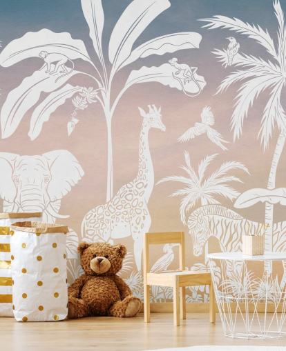 pink kids jungle wallpaper mural called Monochrome Jungle - Pink by Kikki Belle for children's bedrooms pink kids jungle wallpaper mural called Monochrome Jungle - Pink by Kikki Belle for children's bedrooms