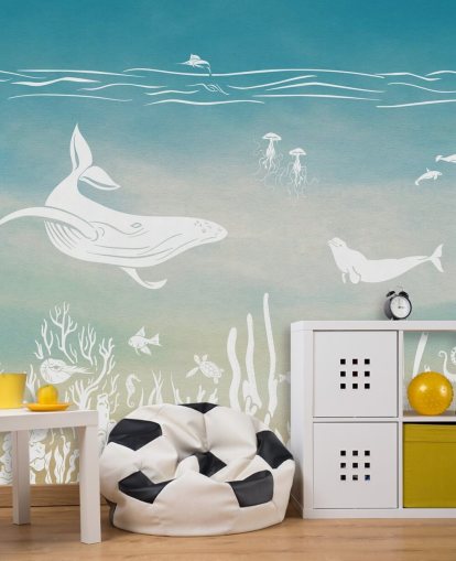 blå monokrom barntapet väggmålning kallad Monochrome Sea - Blue Aqua av Kikki Belle för plantskolor och barns sovrum blå monokrom barntapet väggmålning kallad Monochrome Sea - Blue Aqua av Kikki Belle för plantskolor och barns sovrum
