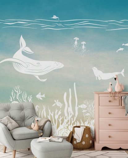 blue monochrome kids wallpaper mural called Monochrome Sea - Blue Aqua by Kikki Belle for nurseries and kids' bedrooms blue monochrome kids wallpaper mural called Monochrome Sea - Blue Aqua by Kikki Belle for nurseries and kids' bedrooms