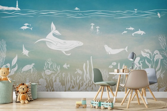 blå monokrom børnetapet vægmaleri kaldet Monochrome Sea - Blue Aqua af Kikki Belle til børnehaver og børns soveværelser