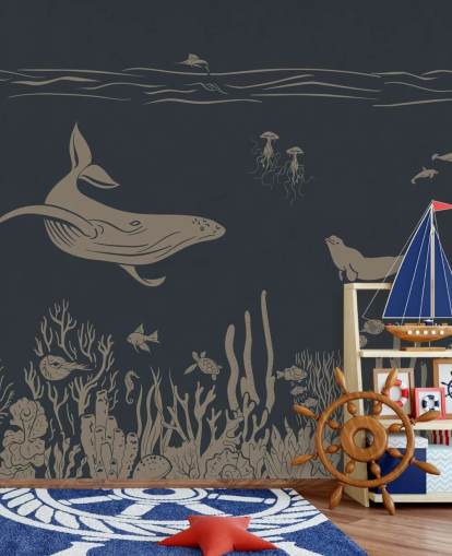 mörkblå barns havstapetväggmålning kallad Monochrome Sea - Vintage Blue av Kikki Belle för sovrum mörkblå barns havstapetväggmålning kallad Monochrome Sea - Vintage Blue av Kikki Belle för sovrum