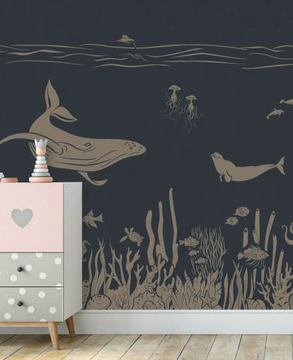 dark blue children's ocean wallpaper mural called Monochrome Sea - Vintage Blue by Kikki Belle for bedrooms dark blue children's ocean wallpaper mural called Monochrome Sea - Vintage Blue by Kikki Belle for bedrooms