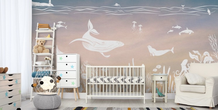 lyserød og aqua monokrom børnetapetmaleri kaldet Monochrome Sea - Pink Aqua af Kikki Belle til planteskoler