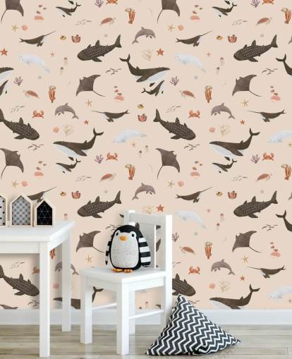 beige children's sea life wallpaper called Beige Splendid Sea by Kikki Belle for kid's bedrooms beige children's sea life wallpaper called Beige Splendid Sea by Kikki Belle for kid's bedrooms