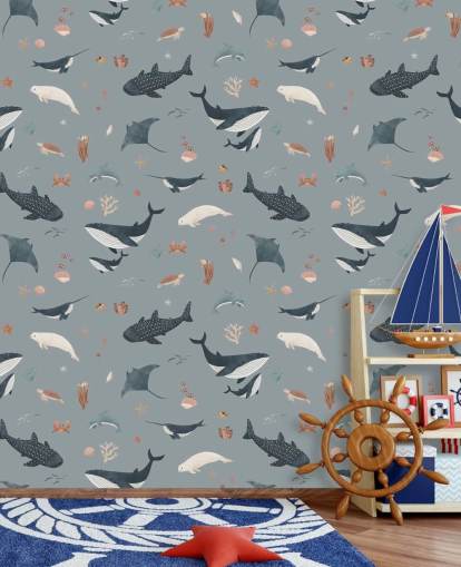 blue children's sea life wallpaper mural called Blue Splendid Sea by Kikki Belle for children's bedrooms blue children's sea life wallpaper mural called Blue Splendid Sea by Kikki Belle for children's bedrooms