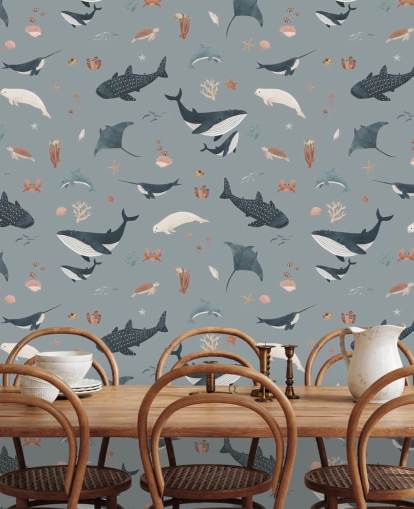blue children's sea life wallpaper mural called Blue Splendid Sea by Kikki Belle for children's bedrooms blue children's sea life wallpaper mural called Blue Splendid Sea by Kikki Belle for children's bedrooms
