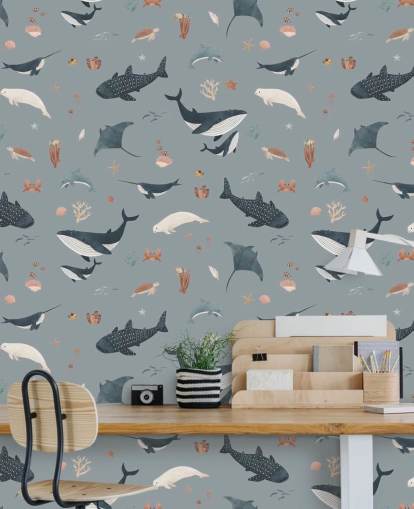 blå barnas sjøliv tapetmaleri kalt Blue Splendid Sea av Kikki Belle for barnas soverom blå barnas sjøliv tapetmaleri kalt Blue Splendid Sea av Kikki Belle for barnas soverom