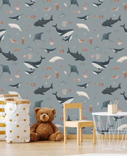 blue children's sea life wallpaper mural called Blue Splendid Sea by Kikki Belle for children's bedrooms blue children's sea life wallpaper mural called Blue Splendid Sea by Kikki Belle for children's bedrooms