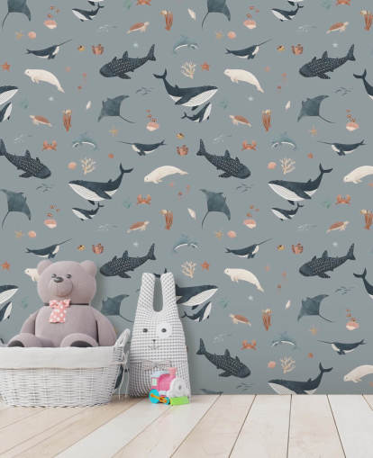 blue children's sea life wallpaper mural called Blue Splendid Sea by Kikki Belle for children's bedrooms blue children's sea life wallpaper mural called Blue Splendid Sea by Kikki Belle for children's bedrooms