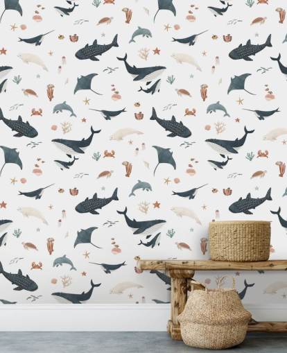 weiße und blaue Meertapete für Kinder mit dem Titel White Splendid Sea von Kikki Belle für das Kinderzimmer weiße und blaue Meertapete für Kinder mit dem Titel White Splendid Sea von Kikki Belle für das Kinderzimmer