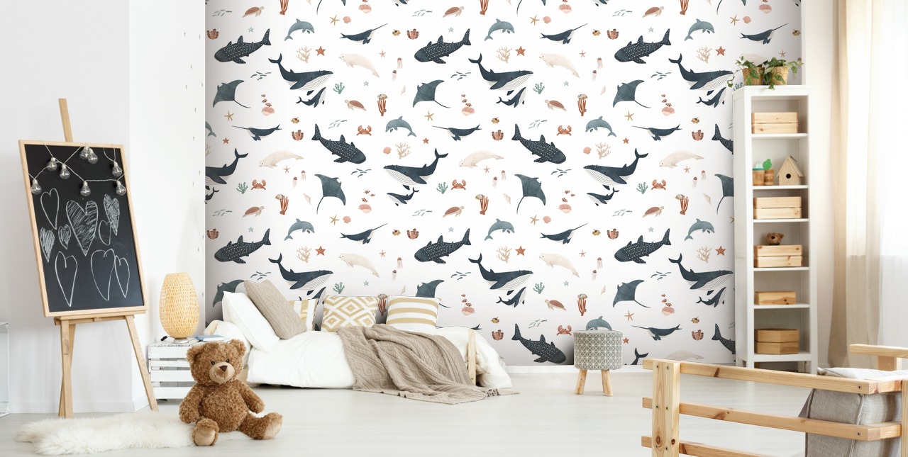 white and blue children's sea wallpaper mural called White Splendid Sea by Kikki Belle for child's bedroom white and blue children's sea wallpaper mural called White Splendid Sea by Kikki Belle for child's bedroom