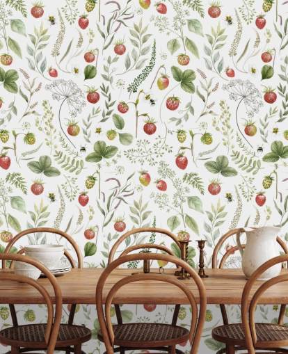 röd och grön Kikki Belle tapetväggmålning kallad Strawberry Hill för plantskolor, kök och lekrum röd och grön Kikki Belle tapetväggmålning kallad Strawberry Hill för plantskolor, kök och lekrum