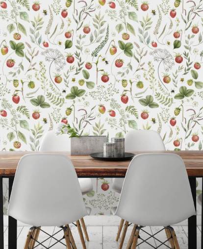 mural de papel de parede vermelho e verde Kikki Belle chamado Strawberry Hill para creches, cozinhas e salas de jogos mural de papel de parede vermelho e verde Kikki Belle chamado Strawberry Hill para creches, cozinhas e salas de jogos