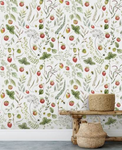 red and green Kikki Belle wallpaper mural called Strawberry Hill for nurseries, kitchens and playrooms red and green Kikki Belle wallpaper mural called Strawberry Hill for nurseries, kitchens and playrooms